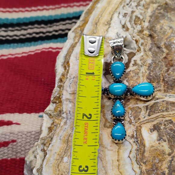 Handmade Southwest Sterling Silver Turquoise Cross Pendant Unisex Statement - Picture 4 of 7
